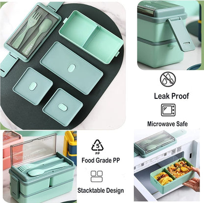 Lunch Box 2niveles Fiambrera Desmontable Con Cubiertos Y Bag