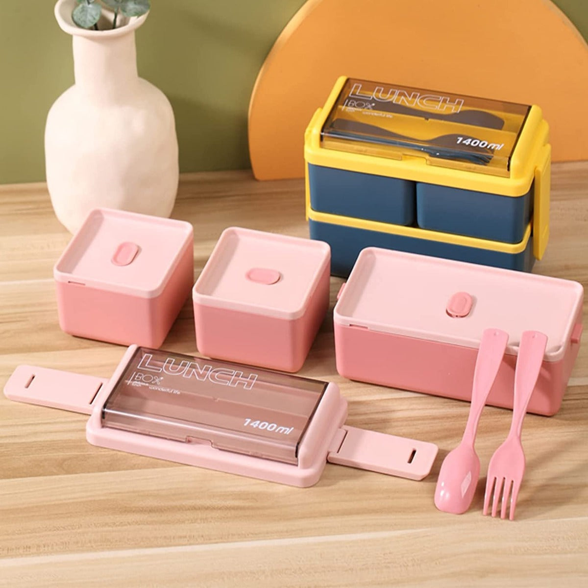 Lunch Box 2niveles Fiambrera Desmontable Con Cubiertos Y Bag