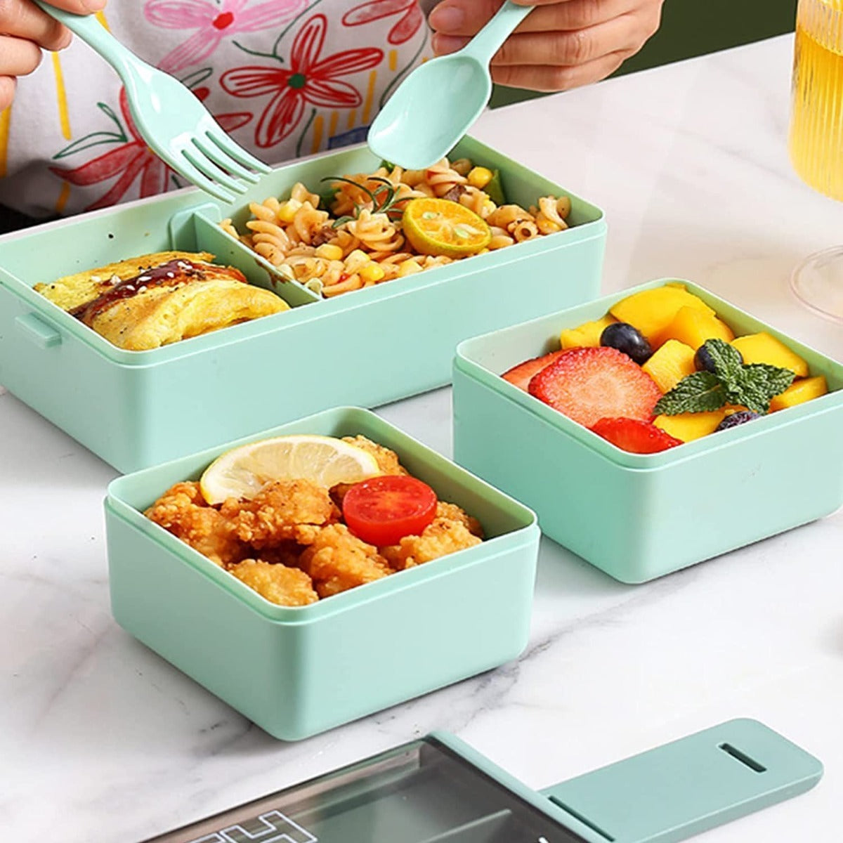 Lunch Box 2niveles Fiambrera Desmontable Con Cubiertos Y Bag