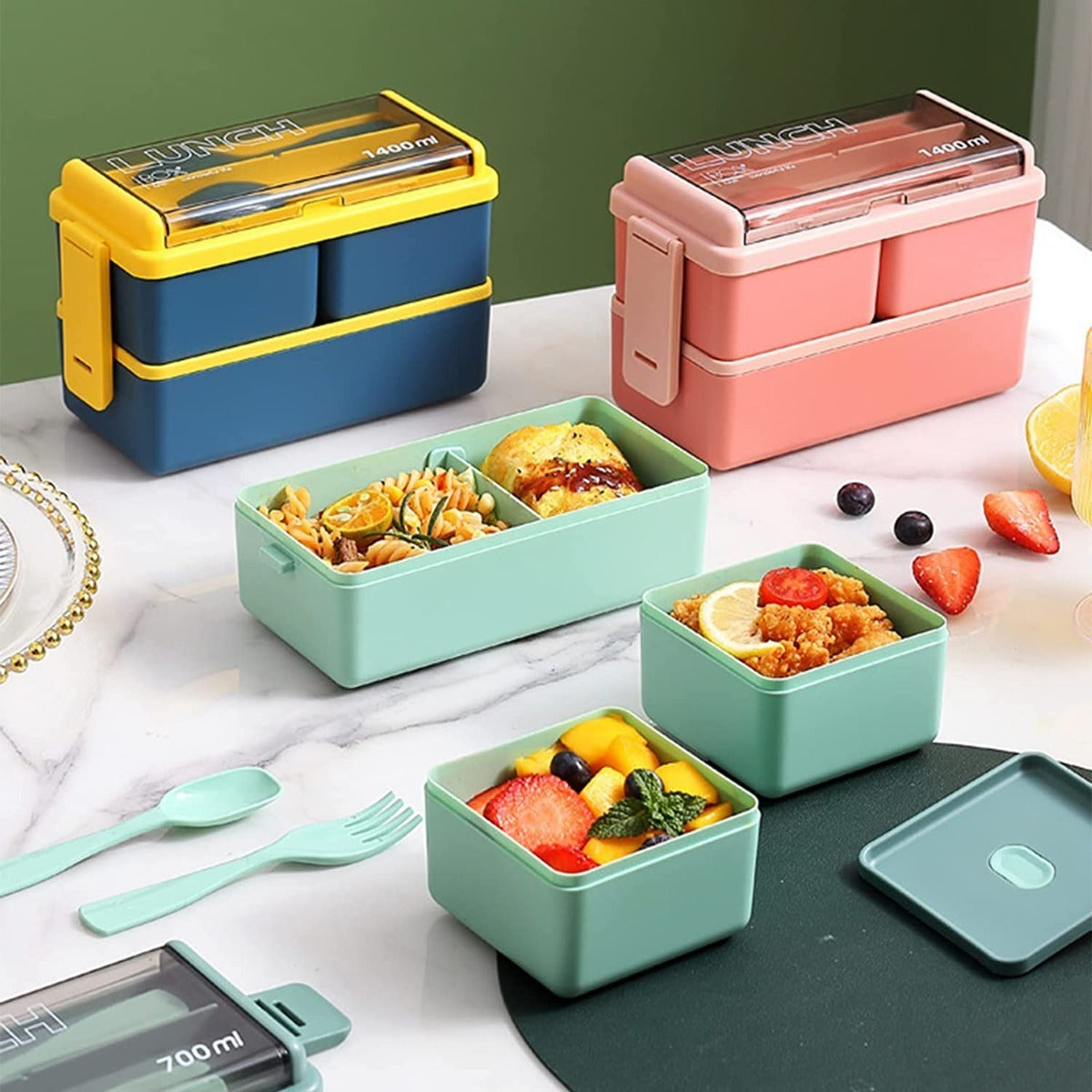 Lunch Box 2niveles Fiambrera Desmontable Con Cubiertos Y Bag